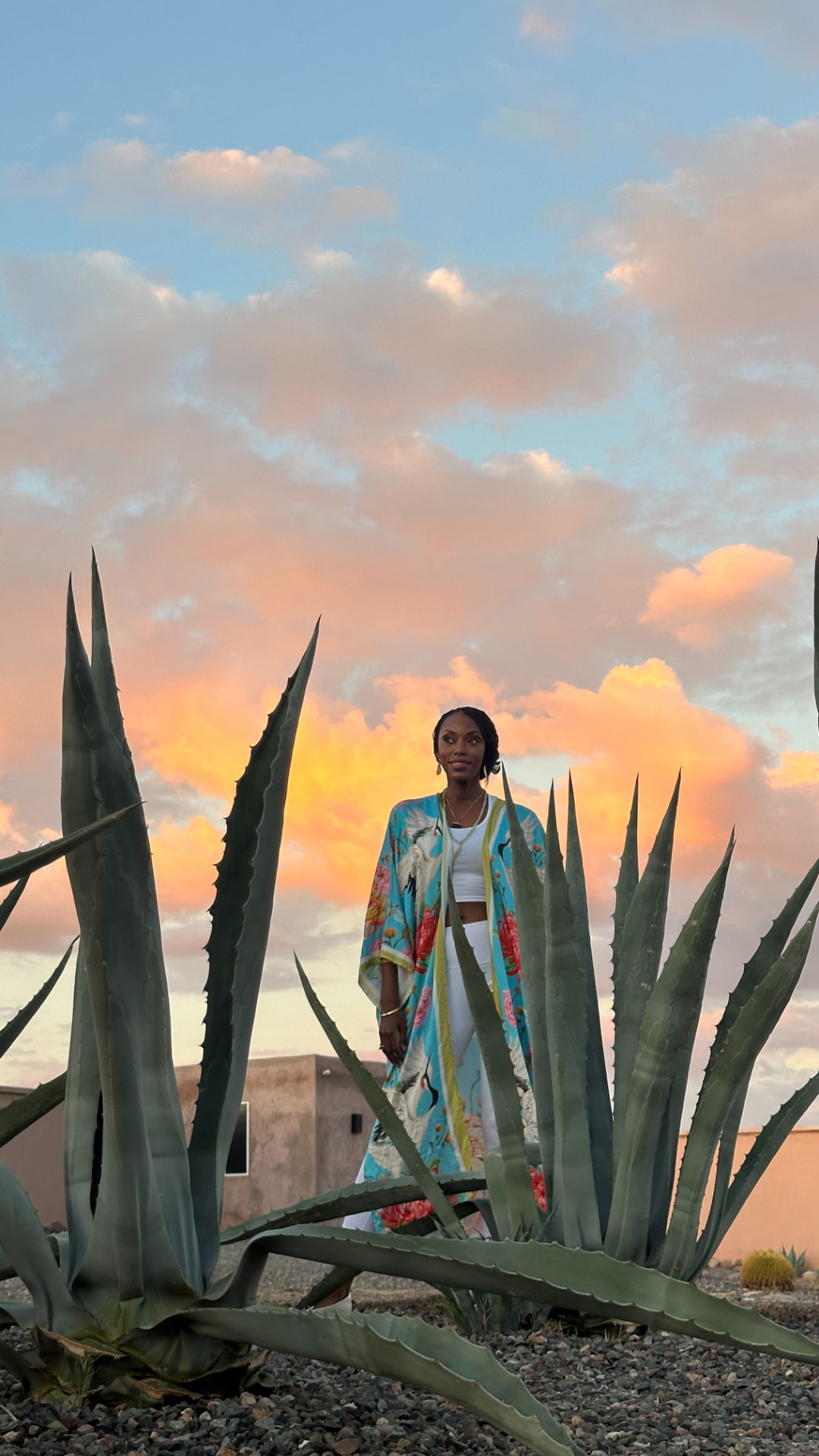 Kelle standing among agave plants beneath a pastel evening sky